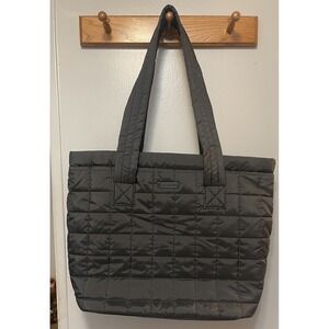 Reebok Nylon Tote Bag Black 15x20x7" Sporty Puffer Quilted Zip Closure